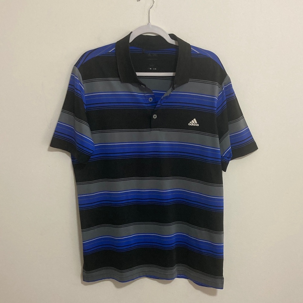 Men’s Adidas Blue/Black/Gray Striped Golf Polo L